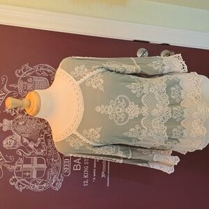 Democracy Sage Green with Cream Crochet Lace Blouse